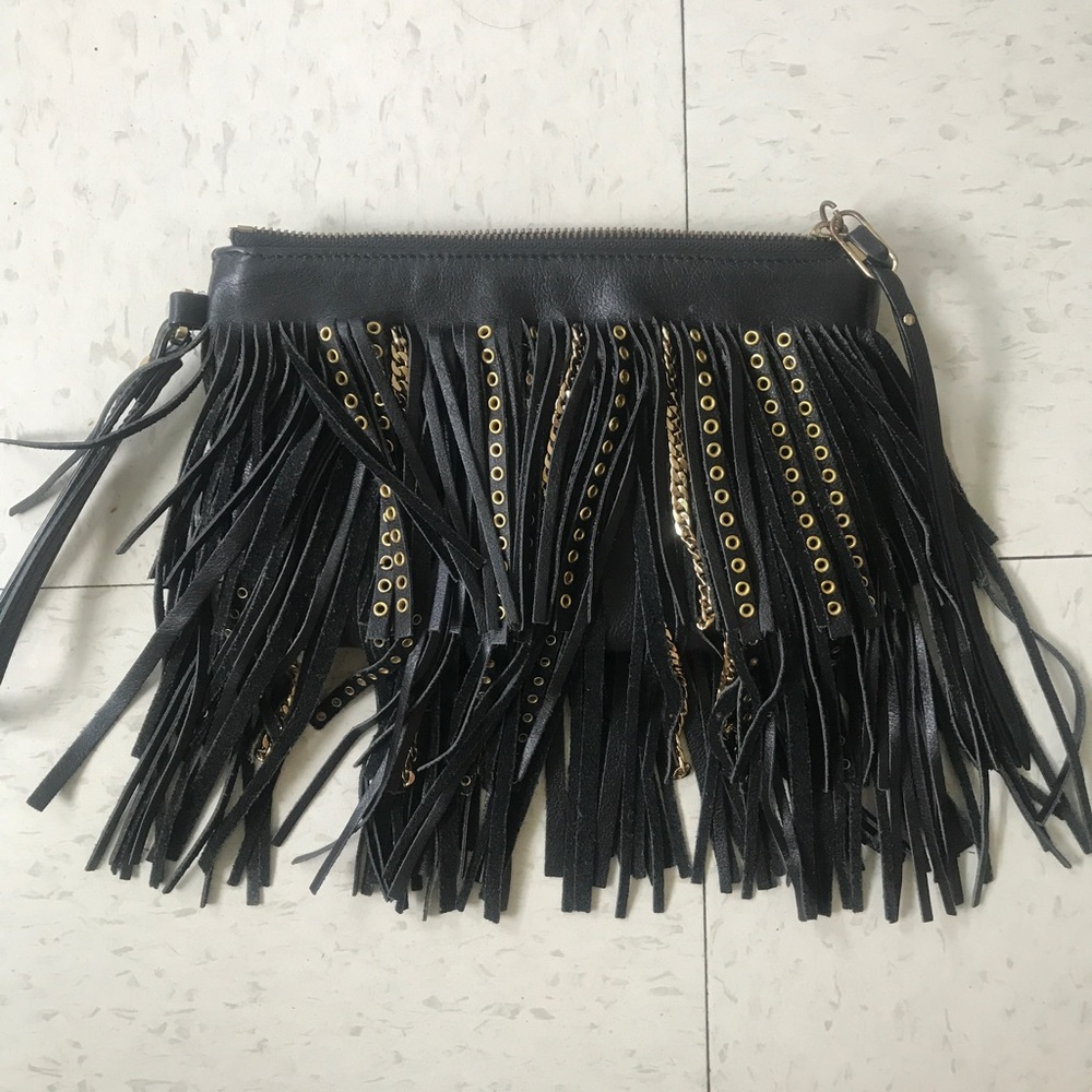 Banana Republic Black and gold studded leather fringe clutch/ wristlet. Clean.